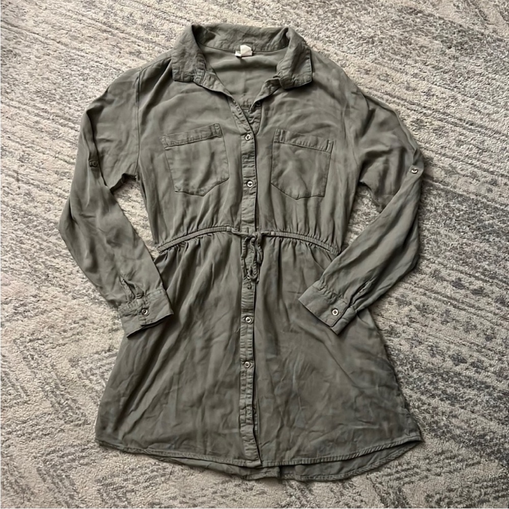 Button-Front Drawstring Shirt Dress in Olive Green